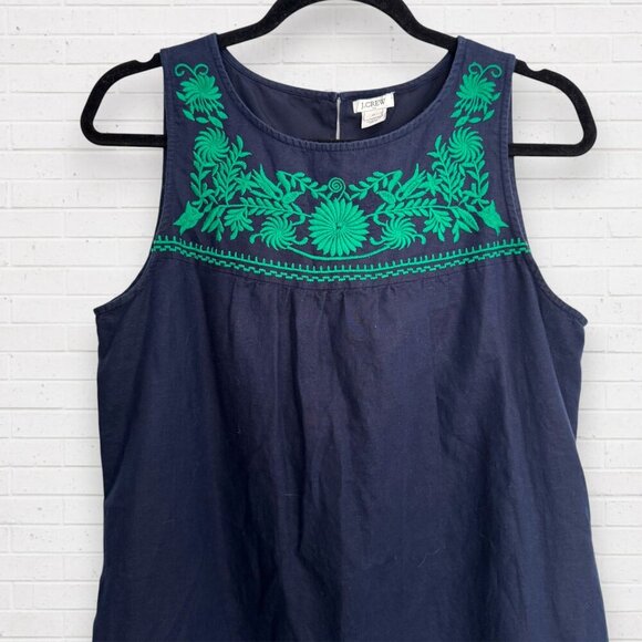 J CREW Factory Navy Blue Green Floral Embroidered Linen Preppy Shift Dress M - Picture 4 of 5